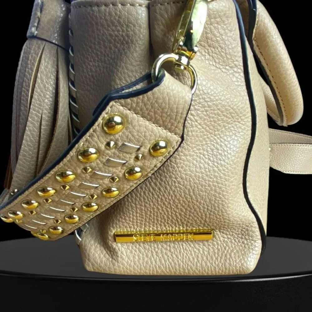 Steve Madden Blennon Cream Peebled Leather Studded Whipstitch Satchel Handbag